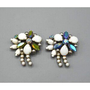 Floral Cluster White Petal Brooch Pin Lot Cacholong Green Blue Rhinestones 2"